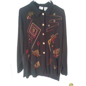Vintage Koret Shirt XL Black Multicolored Embroidered Floral Crinkle Fabric